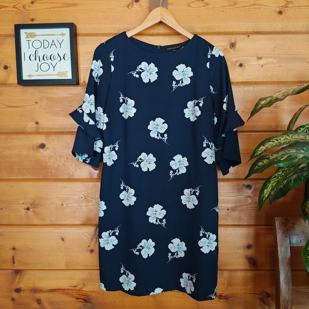 Banana Republic Frill Ruffle Sleeve Floral Shift Dress Cool Combo Office Size 8